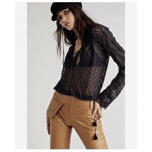 Free People Women’s Size Medium Polka Dot Sheer Veronica Top Black Lace V-neck
